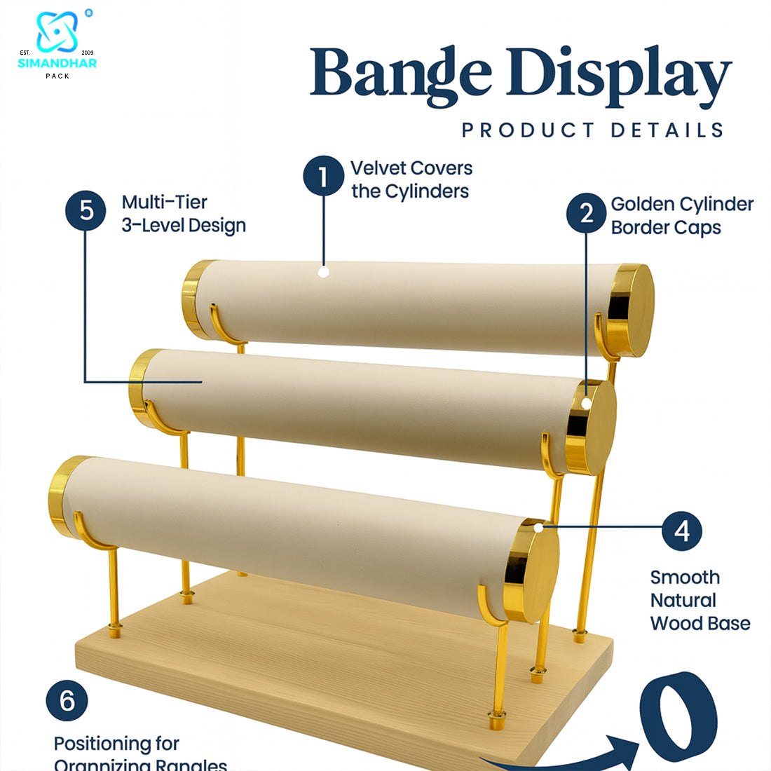 Wooden Velvet Bangles Display Stand – 3 Roll Jewellery Organizer for Bracelets & Bangles