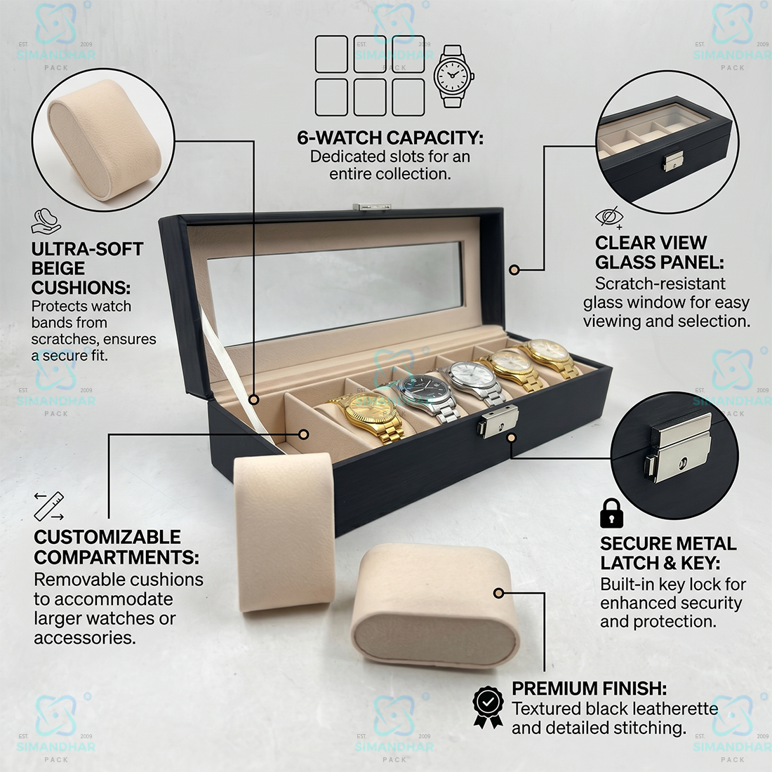 Premium 6 Compartments Velvet Watch Storage Box with Leather Finish