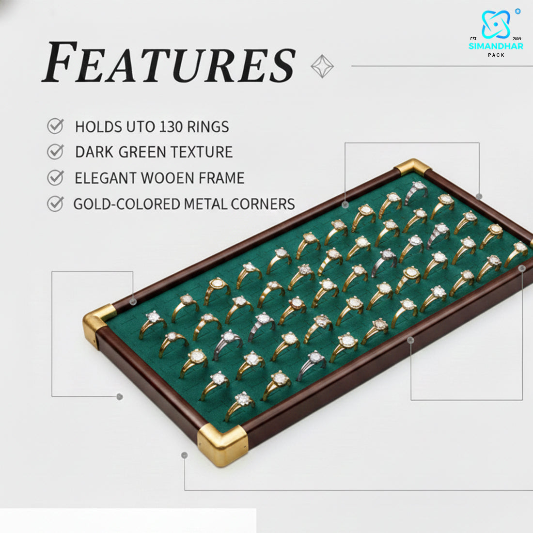 Fancy Velvet Rings Wooden Display Tray for Jewellery