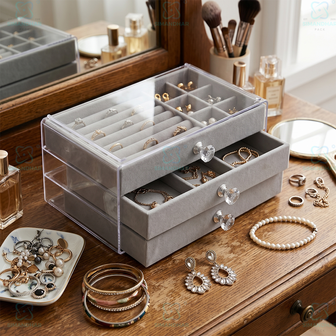 Premium 3 Tier Leather Jewellery Organizer Box with Drawer Storage for Rings, Earrings & Necklaces