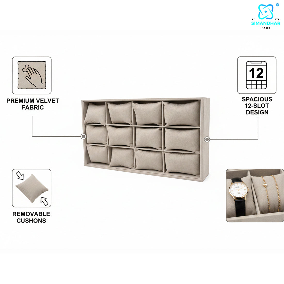 Premium Watch, Kada & Bracelet Cushion Tray for Jewellery Display