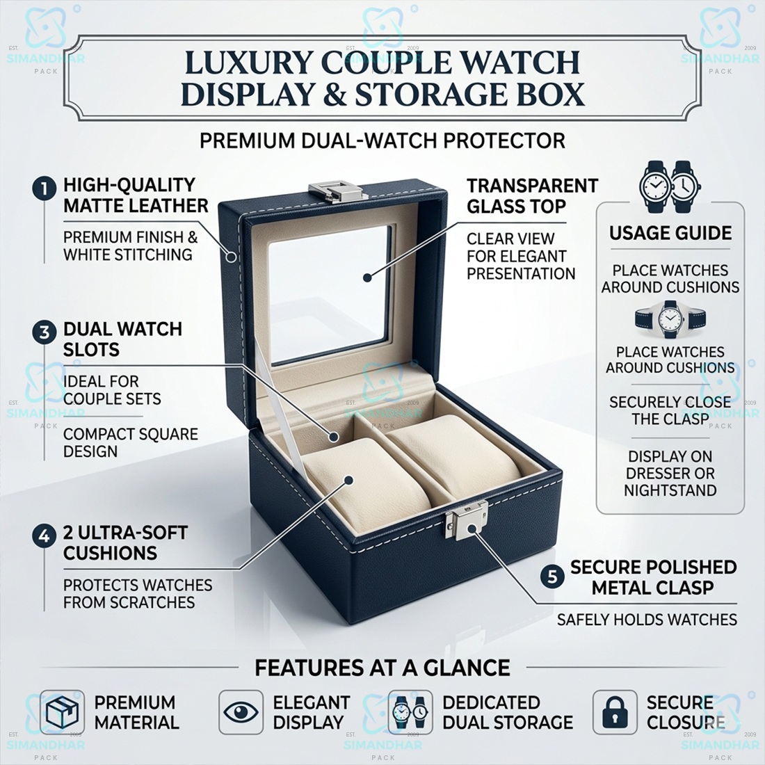Designer 2 Slots Leather Watch Box for Gift & Collection – Velvet Interior Case
