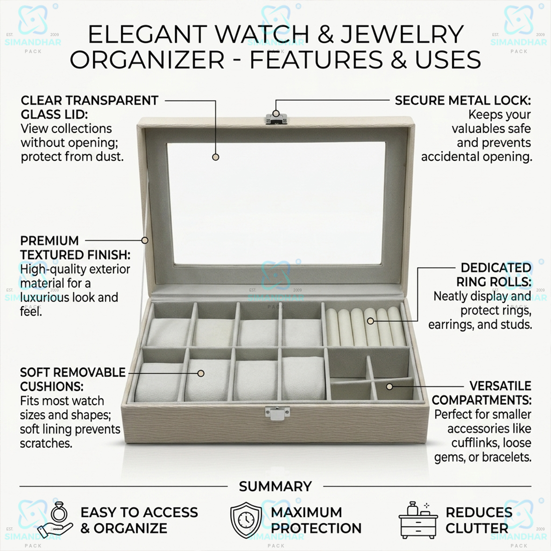 Premium Velvet Watch Storage Box with 8 Compartments & Jewellery Organizer