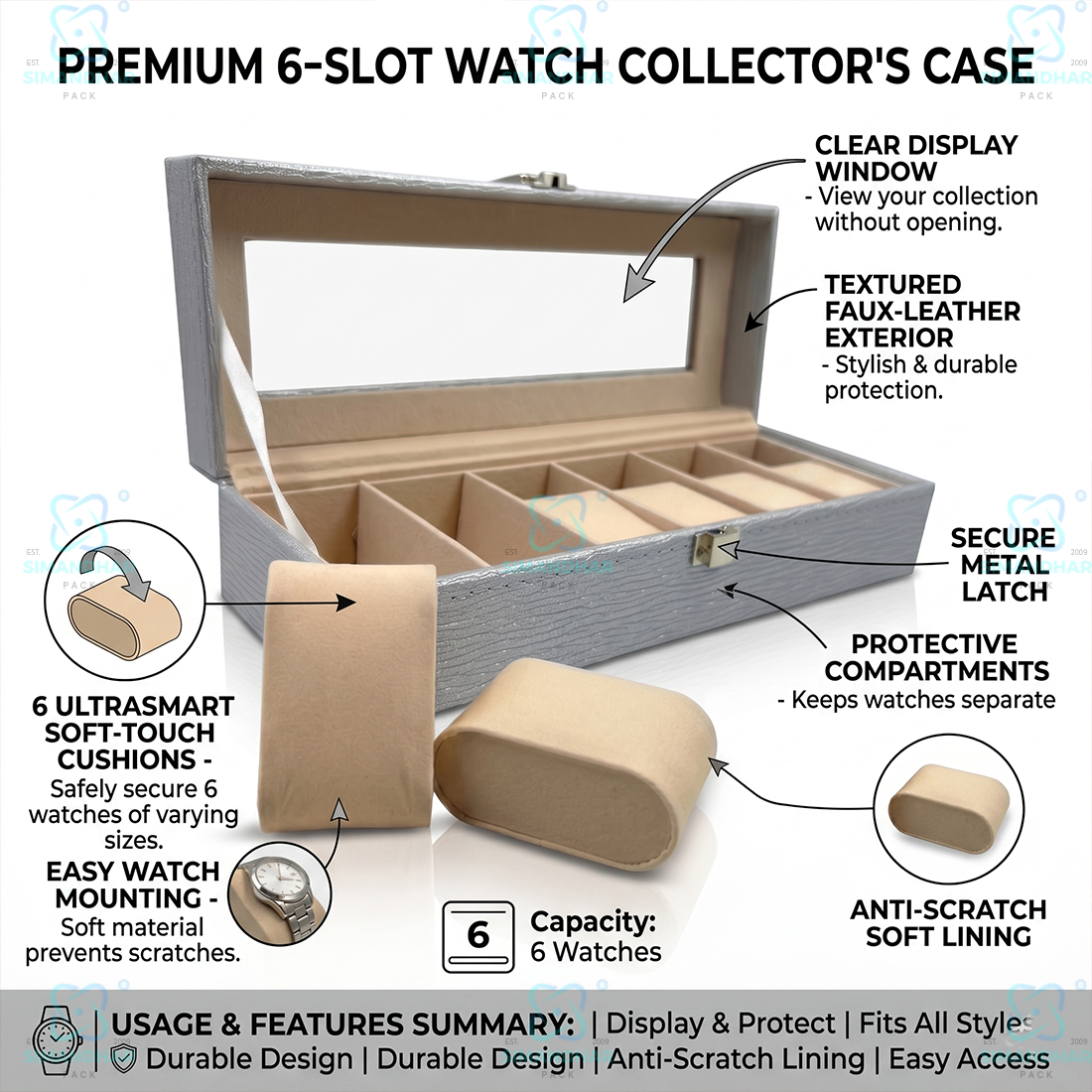 Elegant Matte Black Accessory Designer Leather Watch Storage Box with 6 Velvet Watch SlotsStand for Rings, Earrings & Necklaces (Copy)