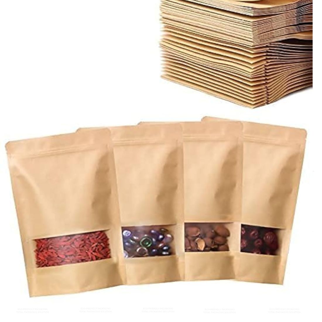 Brown Kraft Paper Zip lock Stand Up Pouches Food Grade Storage Bags with Transparent Window | Airtight Reusable for Dry Fruits, Snacks, Spices
