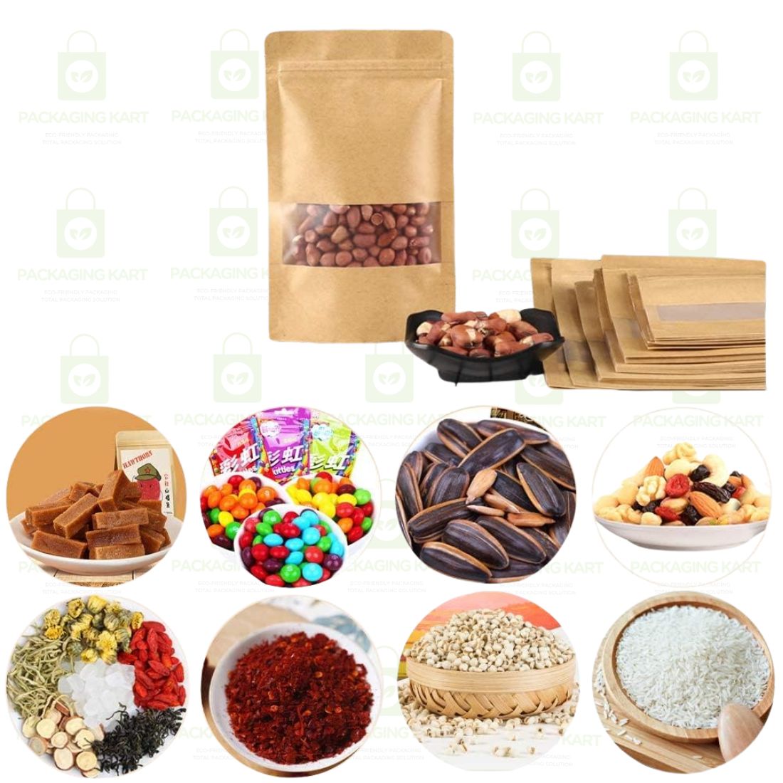 Brown Kraft Paper Zip lock Stand Up Pouches Food Grade Storage Bags with Transparent Window | Airtight Reusable for Dry Fruits, Snacks, Spices